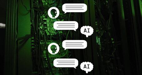 AI conversation bubbles image over server room with green lighting