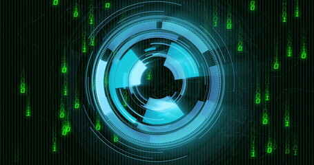 Futuristic digital interface with rotating elements and binary code image