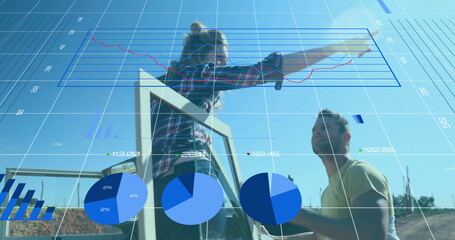 Image of financial data processing over caucasian couple in car in road trop