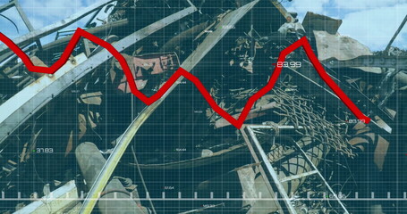 Image of red line and financial data processing over wasteland