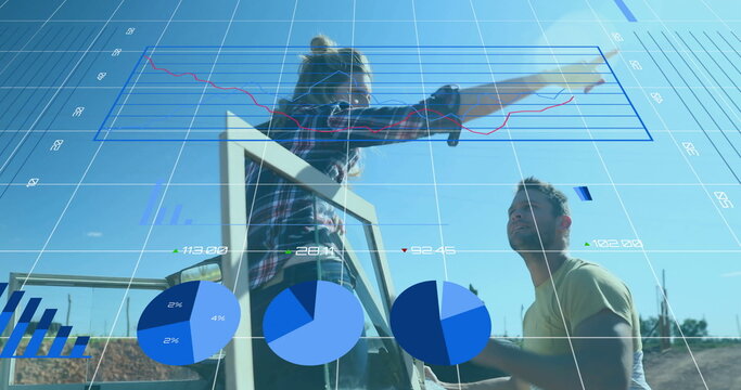 Image of financial data processing over caucasian couple in car in road trop