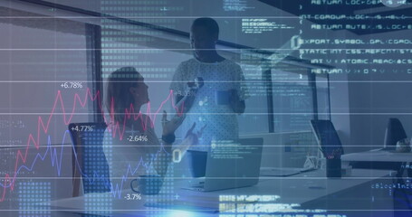 Image of financial data processing over diverse colleagues discussing work in office