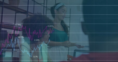 Image of financial data processing over diverse colleagues having meeting in office