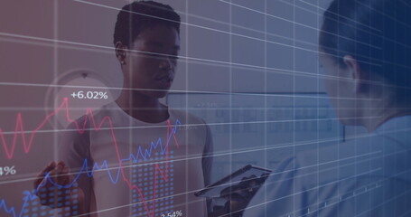 Image of financial data processing over diverse colleagues discussing work in office