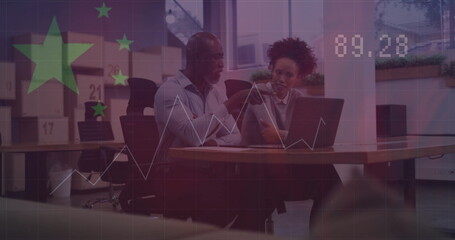 Image of data processing and flag of china over diverse colleagues discussing work in office