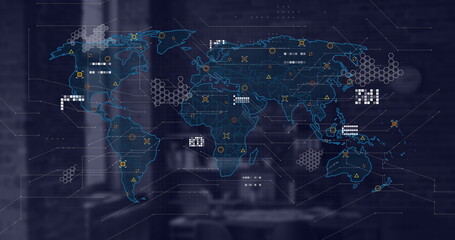 Image of financial data processing and world map over desk in office