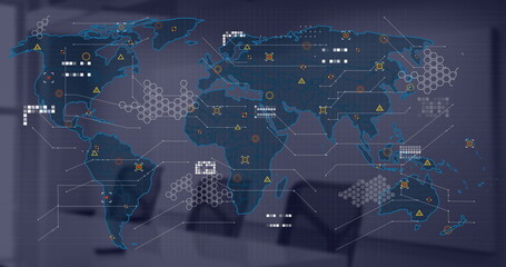 Image of financial data processing and world map over desk in office