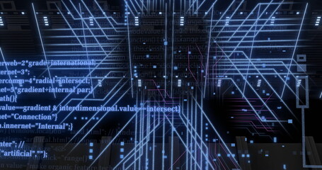 Image of digital data processing and circuit board over computer servers