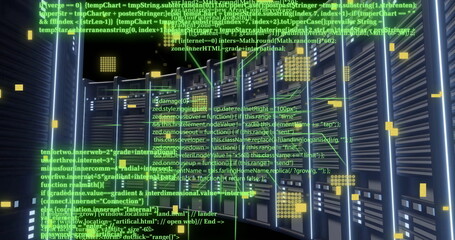 Image of digital data processing and circuit board over computer servers