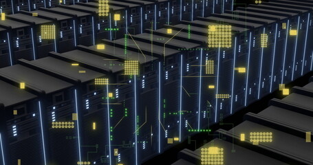 Image of digital data processing and circuit board over computer servers