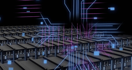 Image of digital data processing and circuit board over computer servers