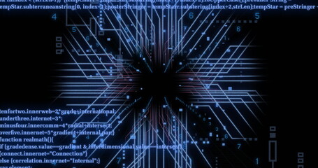 Image of digital data processing and circuit board over black background