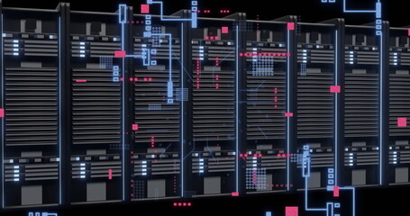 Image of digital data processing and circuit board over computer servers