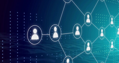 Image of growing network of people icons over data and communication network