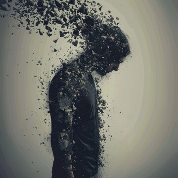 Ethereal Representation of a Man Transforming Into Fragments in a Dimly Lit Space