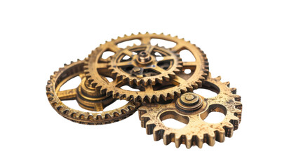 Old brass metal gears on transparent background