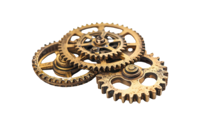 Old brass metal gears on transparent background