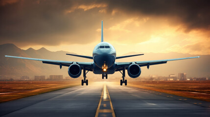 Fototapeta premium Large Commercial Airplane Preparing for Takeoff on a Wide Runway Amidst a Beautiful Sunset
