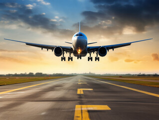 Large Commercial Airplane Preparing for Takeoff on a Wide Runway Amidst a Beautiful Sunset