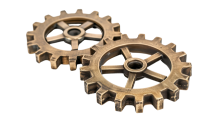 Old brass metal gears on transparent background