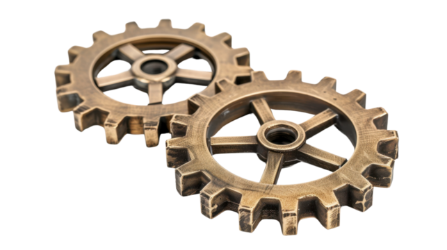 Old brass metal gears on transparent background