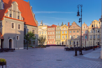 Facades of old colorful houses on the Town Hall Square in Poznan