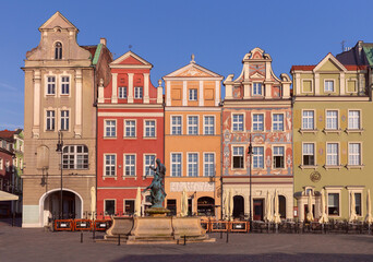 Facades of old colorful houses on the Town Hall Square in Poznan