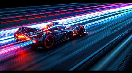 A high-speed race car in motion blur with speed lines at night time on the track