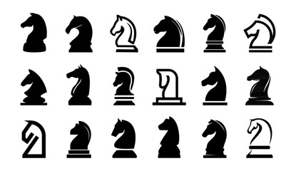 Set of Chess knight horse piece icon logo vector silhouette black head