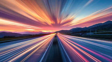 A highway at sunset with long exposure motion blur