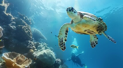 Obraz premium Diver swimming near a sea turtle in a beautifully realistic underwater habitat