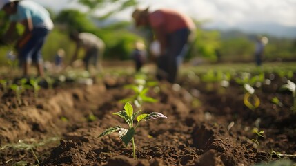 Group of people working in field with small plants
