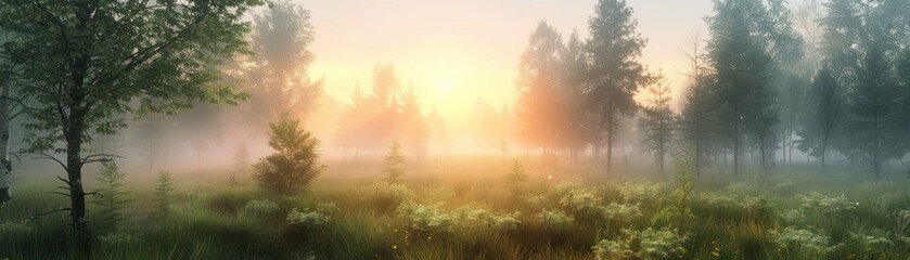 Fototapeta premium Misty Dawn Landscape Photography Enchanting Sunrise Through Foggy Forest with Shadowy Trees, Perfect for Nature Lovers