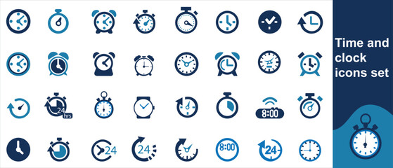 Time and clock icons set, stopwatch, timer, , time management concept, fast stopwatch line icon, watch icon, black clock sign collection, speed clock symbol - vector 