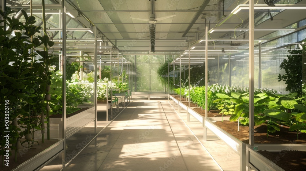 Poster a view down the center aisle of a greenhouse, showcasing rows of plants growing in various stages of