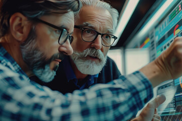 Two Mature Men Analyzing Data on a Digital Screen in a Modern Office Setting