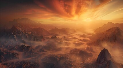 Red rocky desert landscape in the mist at sunrise