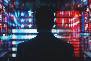 Businessman in Silhouette Facing Digital American Flag Background with Data and Technology Elements