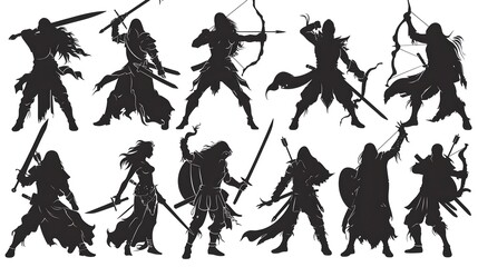 Silhouettes of male and female warriors in various poses