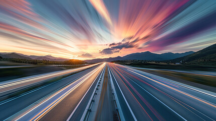 A highway at sunset with long exposure motion blur