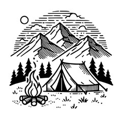 Camping Scene with Tent and Campfire in Woods and Mountains