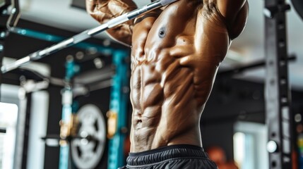 Naklejka premium A close-up of a bodybuilder's abs and obliques as they perform a hanging leg raise, showcasing core strength