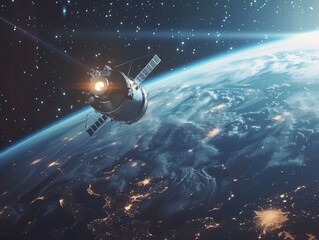 Naklejka premium View of Earth from space with satellite in foreground, suitable for use as background or illustration