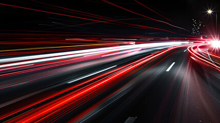 A long exposure photo of red light trails from cars driving on an empty highway at night