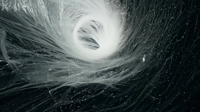High-angle wide shot: Swirling wind vortex against deep black void. Camera orbits the spiraling currents, capturing scattered debris. Ethereal silver-white streams contrast dramatically with darkness.