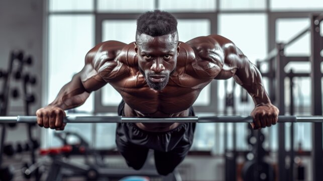 A muscular individual performing dips on parallel bars, highlighting chest and tricep strength