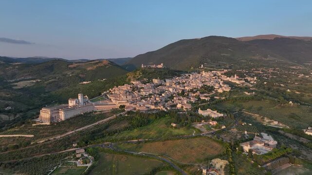 Dramatic drone view of Assisi, Italy