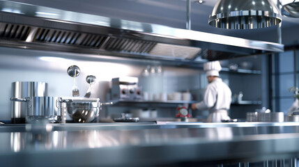 a commercial kitchen interior in a restaurant with stainless steel appliances and food processing station, Hot and Cold foods, Pastry and Preparation Station, Sauce and baking  preparation unit 