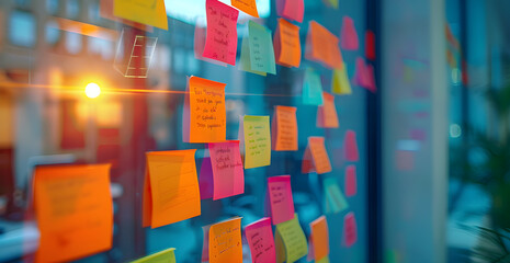 A wall covered in colorful sticky notes with various words