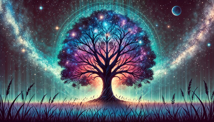 Cosmic Tree of Life with Glowing Patterns in Dreamlike Meadow, Galaxy, Fantasy Background, Wall Art, 4K Wallpaper, Frame TV Art